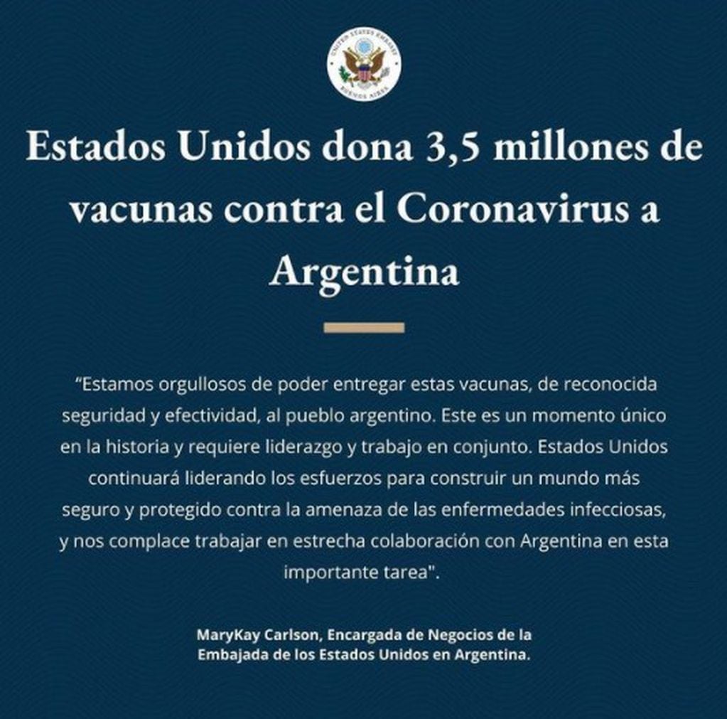 La Embajada de Estados Unidos anunció la donación de 3.5 millones de vacunas.