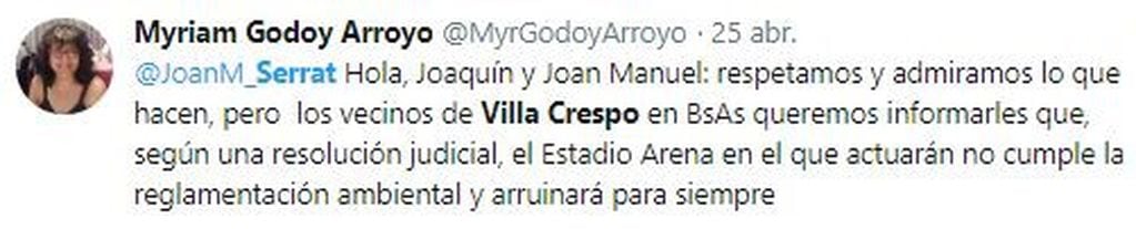 En Twitter los vecinos de Villa Crespo intentan alertar a Joaquín Sabina y Joan Manuel Serrat sobre el fallo judicial que inhabilitó el estadio en el que se iban a presentar