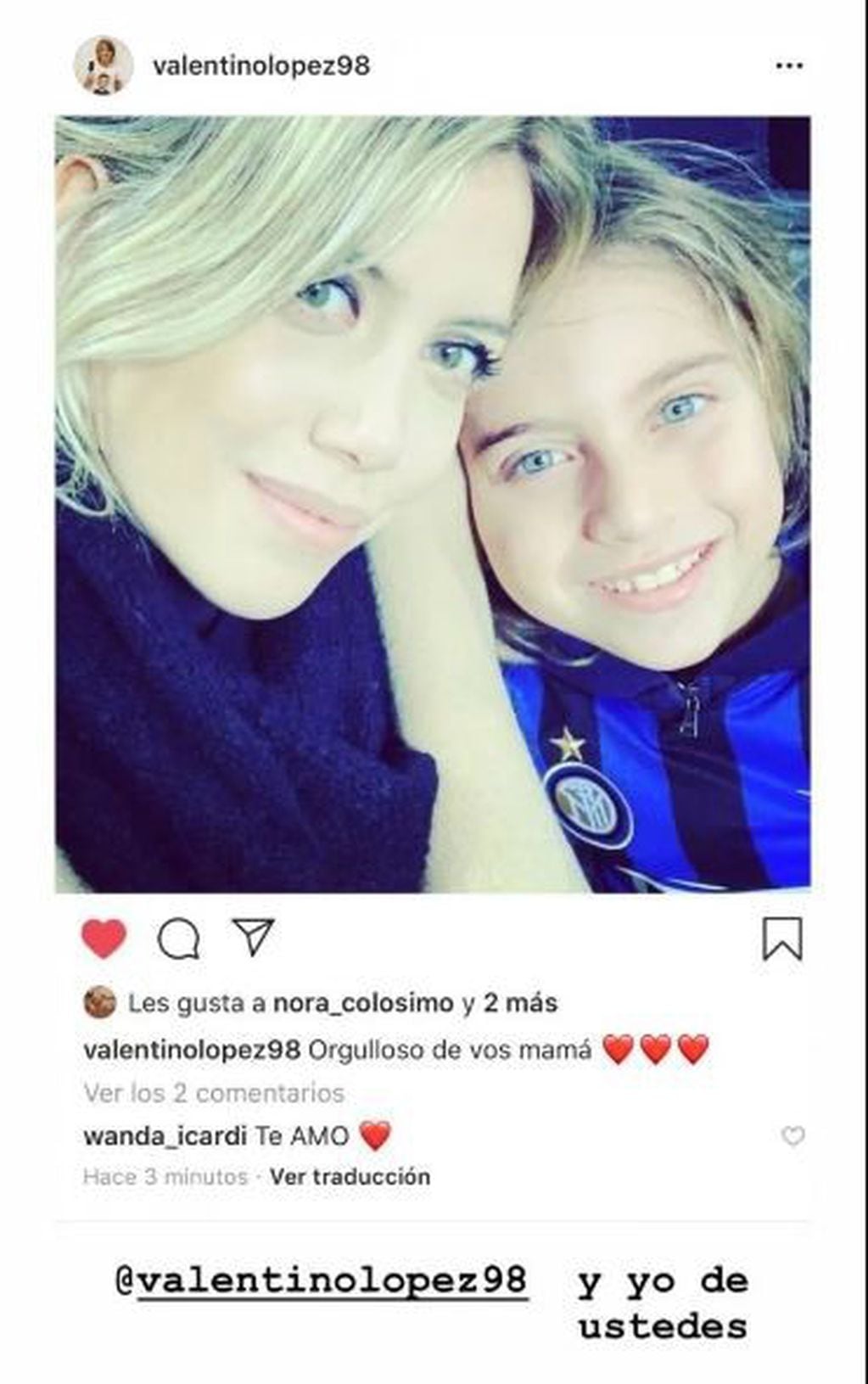 Valentino López salió a bancar a su mamá, Wanda Nara, en medio del conflicto con su papá, el futbolista Maxi López. (Foto: Instagram)