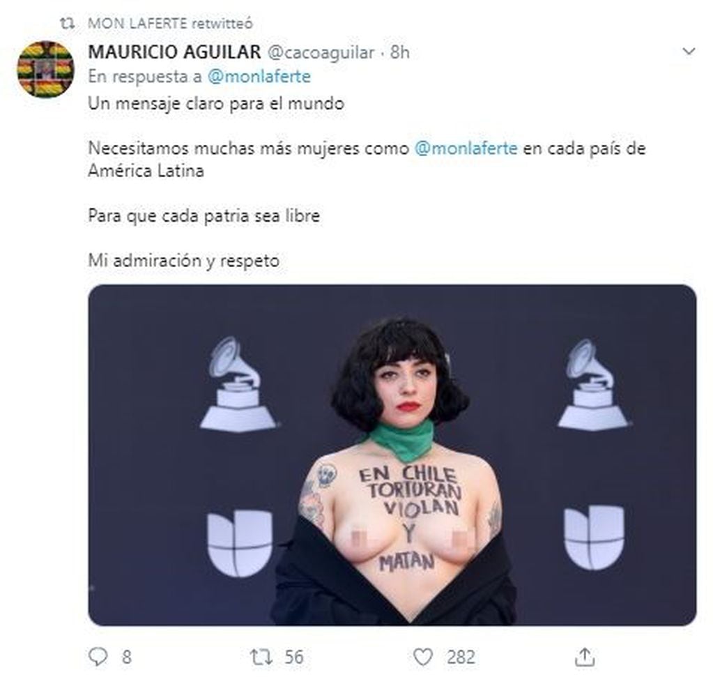 La artista chilena Mon Laferte  denunció torturas, violaciones y asesinatos producto de la la represión en Chile en los Grammy Latinos (Foto:Twitter/ MonLaferte)