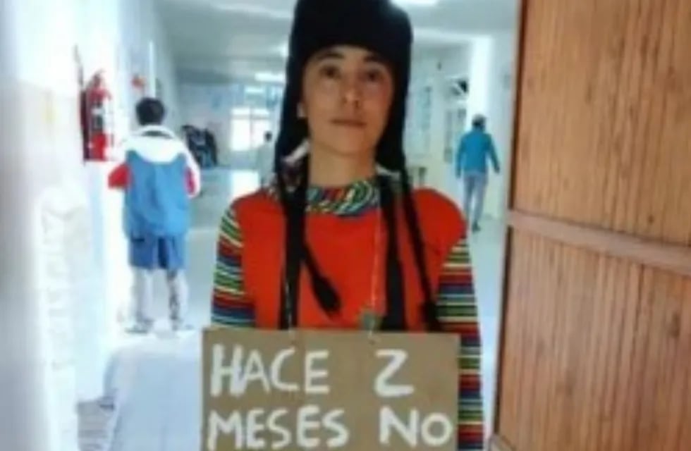 Rayen, la docente de Neuquén, se presentó a dar clases con un cartel que dice que no cobra el sueldo hace dos meses.