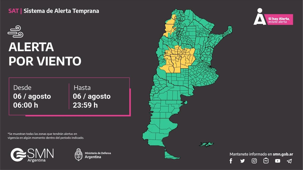 Alerta amarilla por vientos para gran parte de la provincia de Córdoba.