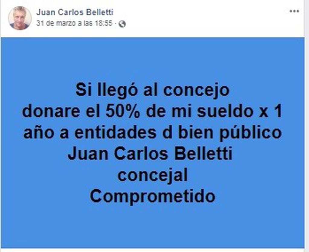 Imágenes de la cuenta de Facebook de Juan Carlos Belletti, precandidato a concejal en Casilda.