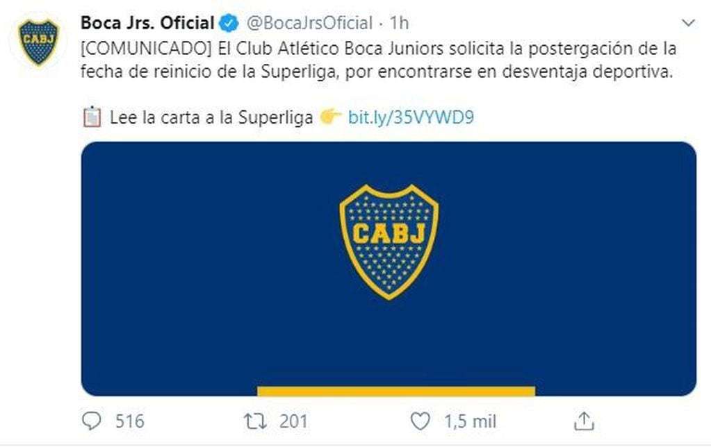 Boca pidió postergar el inicio de la Superliga por estar en "desventaja deportiva". (Twitter)