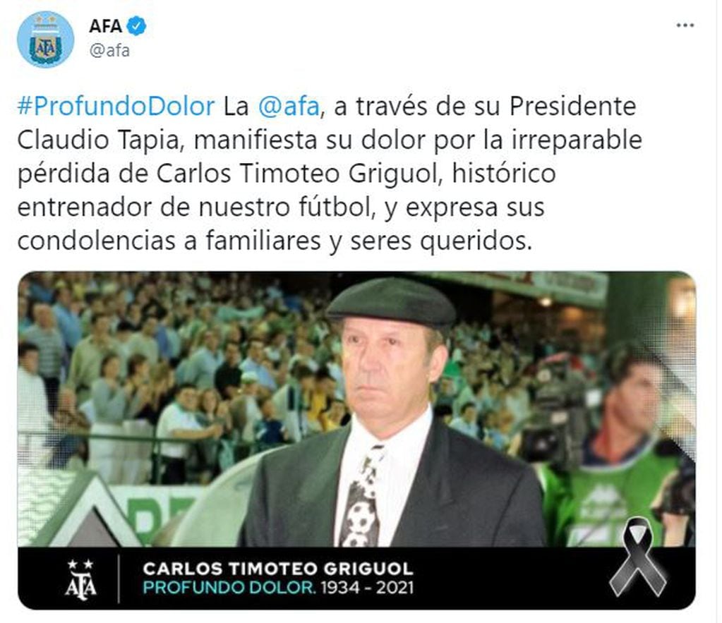 Mensaje de la Asociación del Fútbol Argentino (AFA) en Twitter por la muerte de Carlos Timoteo Griguol. Twitter/afa