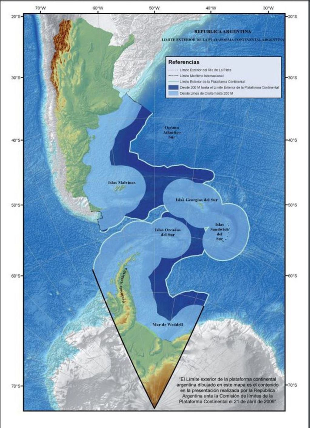 Mapa de Argentina con sus espacios marítimos e insulares correspondientes, de acuerdo a la extensión del límite exterior de la plataforma continental.
