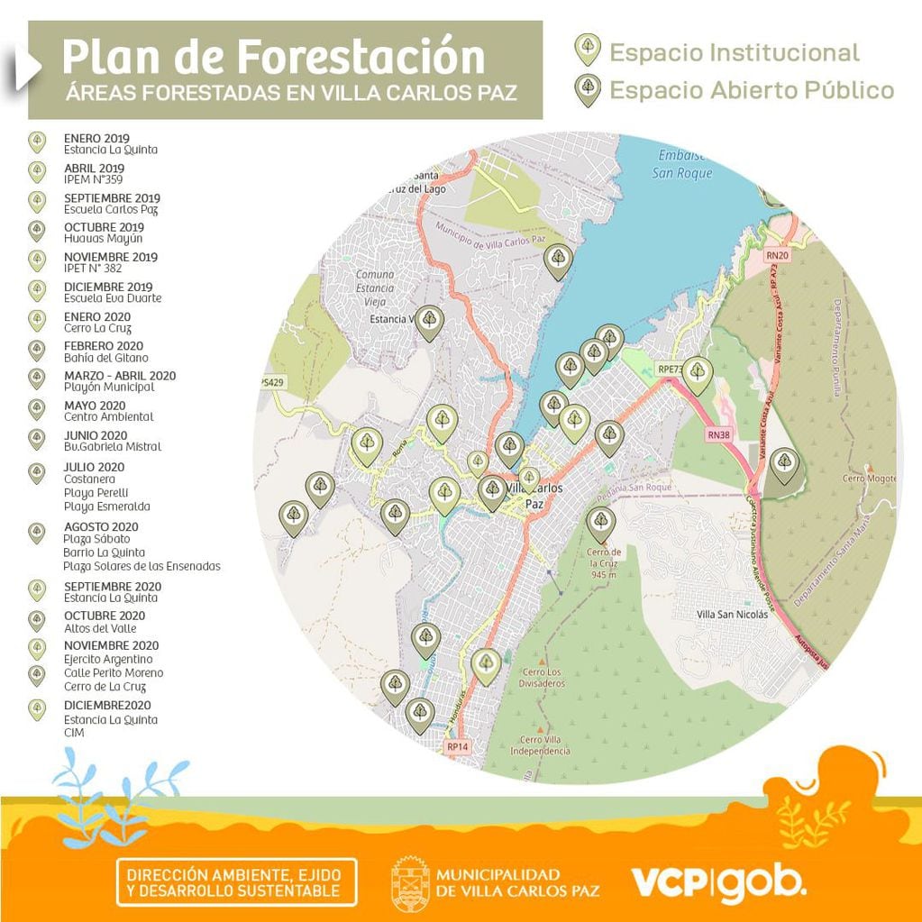 Gráfica "Plan Forestación" en Villa Carlos Paz, compartida por la Dirección de Ambiente Municipal.