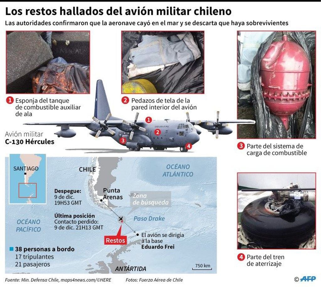 Detalle y localización de los restos del avión militar chileno que desapareció el lunes cuando iba a la Antártida - AFP / AFP