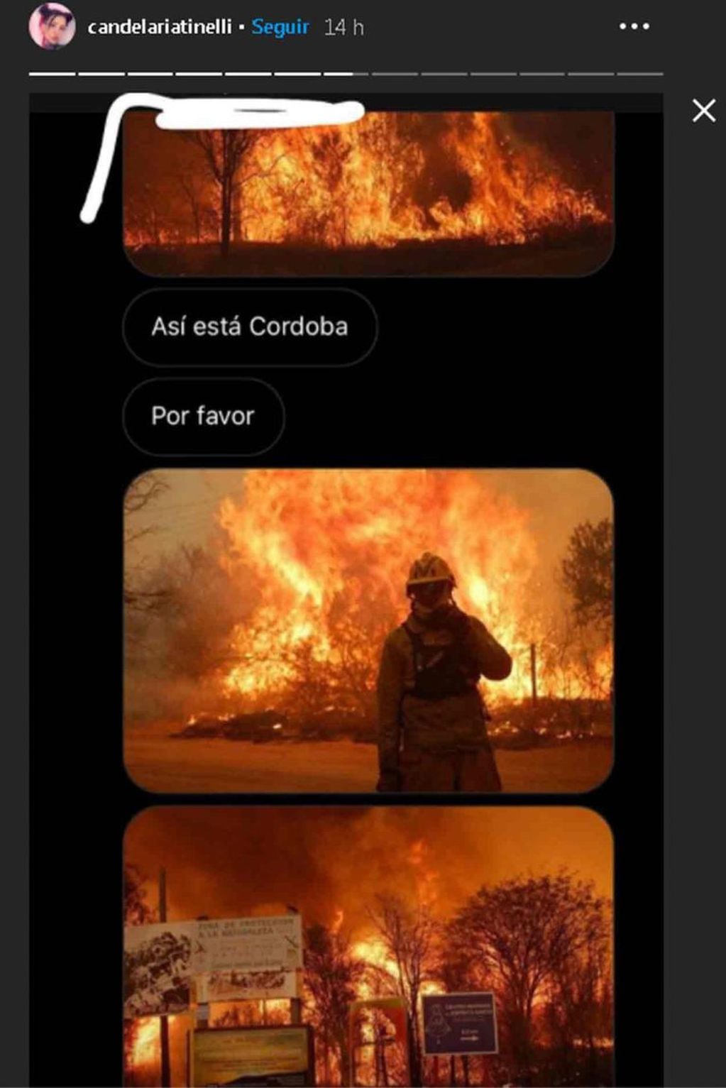 Cande Tinelli compartió historias sobre los incendios en Córdoba.
