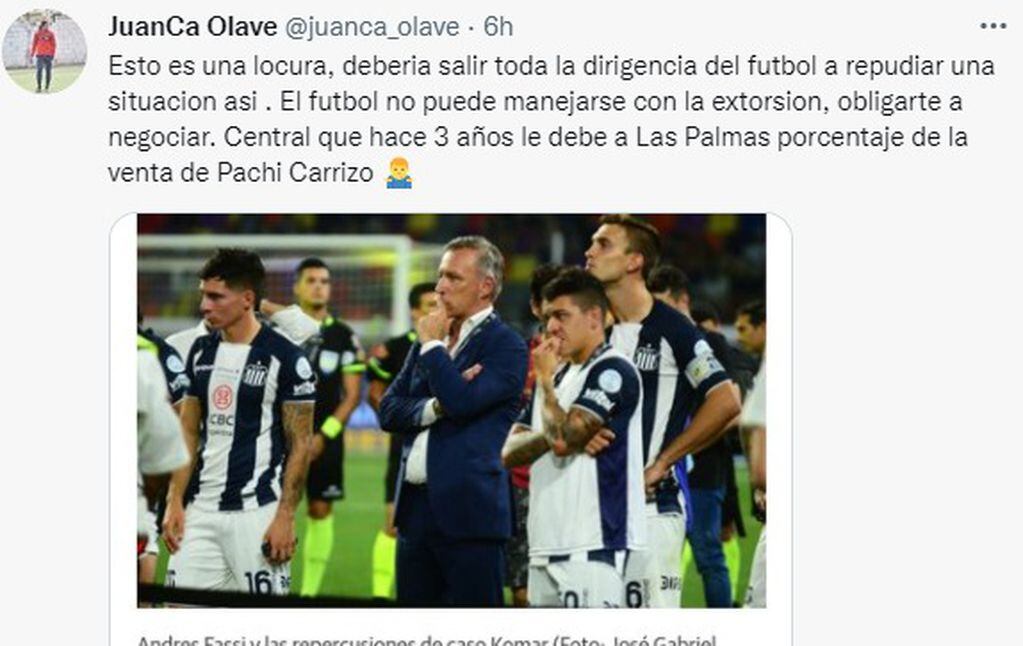 Juanca Olave arremetió con Rosario Central por las amenazas recibidas por Andrés Fassi.