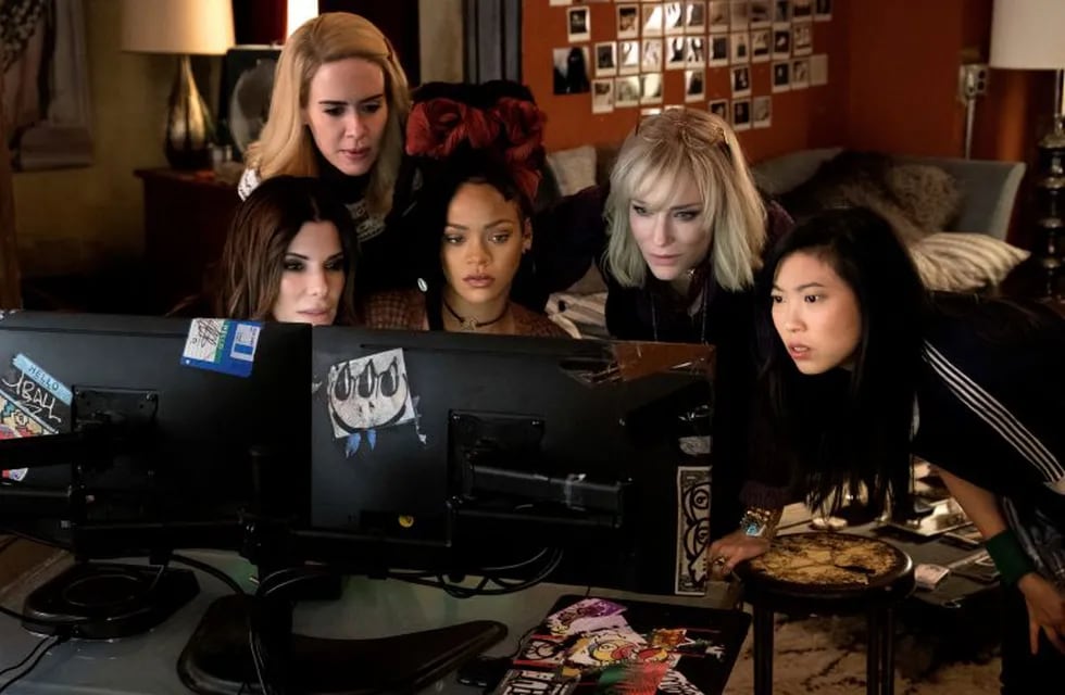 This image released by Warner Bros. shows, from foreground left, Sandra Bullock Sarah Paulson, Rihanna, Cate Blanchett and Awkwafina in a scene from \