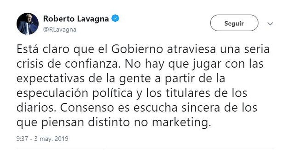 Declaraciones de Roberto Lavagna en Twitter