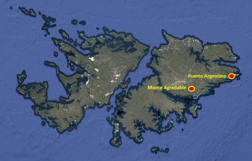 Malvinas, localización de los principales centros urbanos de las islas,