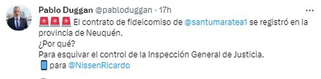 El tweet de Pablo Duggan sobre el fideicomiso de Santi Maratea para Independiente.
