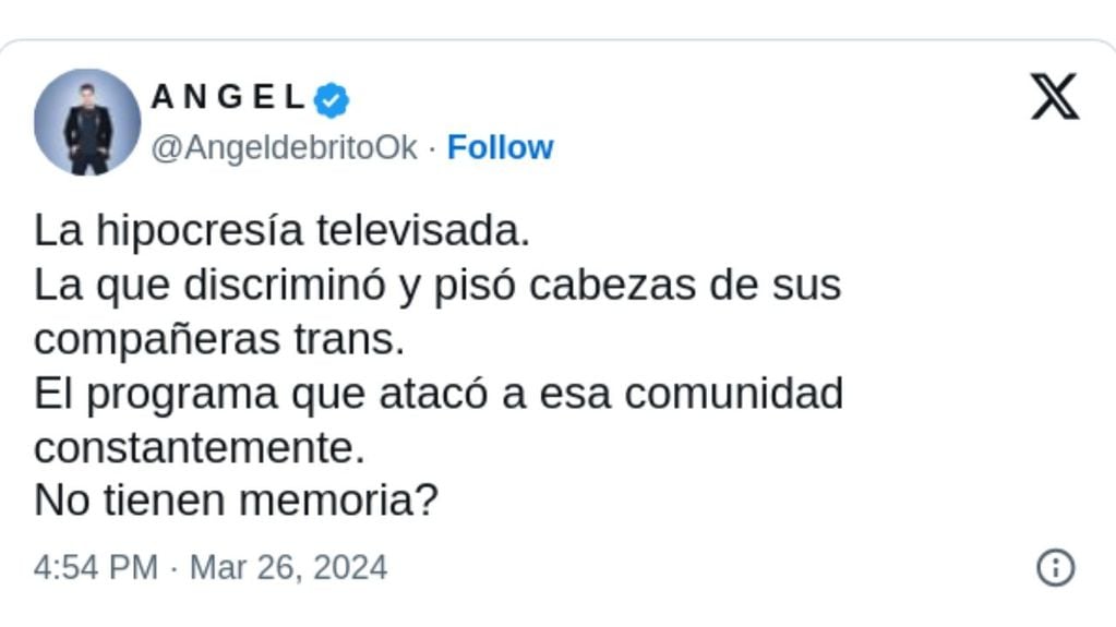 Tweet de Ángel De Brito donde arremete contra Flor de la V por su apoyo a la comunidad trans.