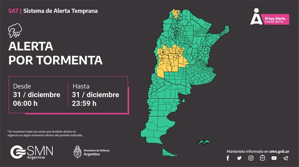 La alerta amarilla rige en gran parte de la provincia de Córdoba, según el informe nacional.