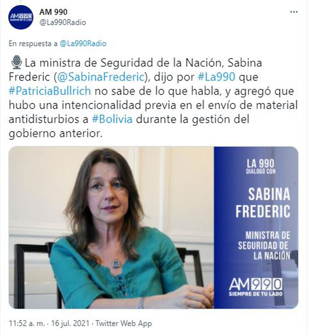 Sabina Frederic, ministra de Seguridad de la Nación, dio su opinión respecto al envío de armas a Bolivia durante la presidencia de Mauricio Macri.