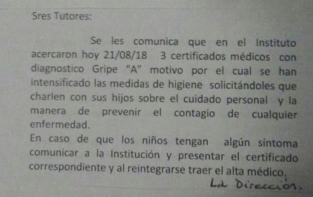 Comunicado del Instituto San Alberto Magno por los casos de Gripe A. (Fuente: Misiones Online)