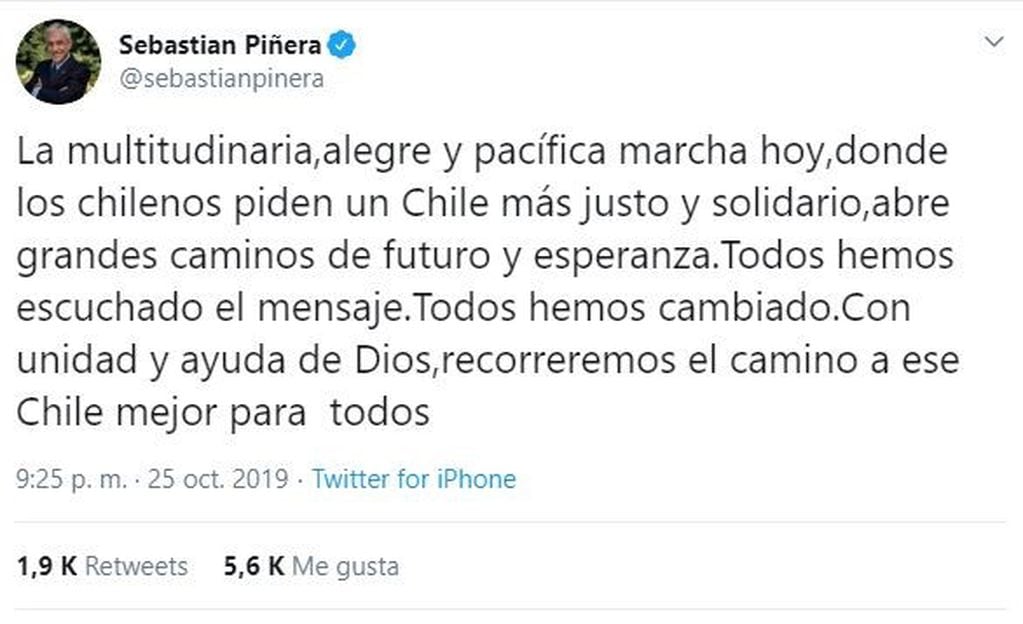 El mensaje de Piñera tras la multitudinaria marcha. (Twitter/@sebastianpinera)