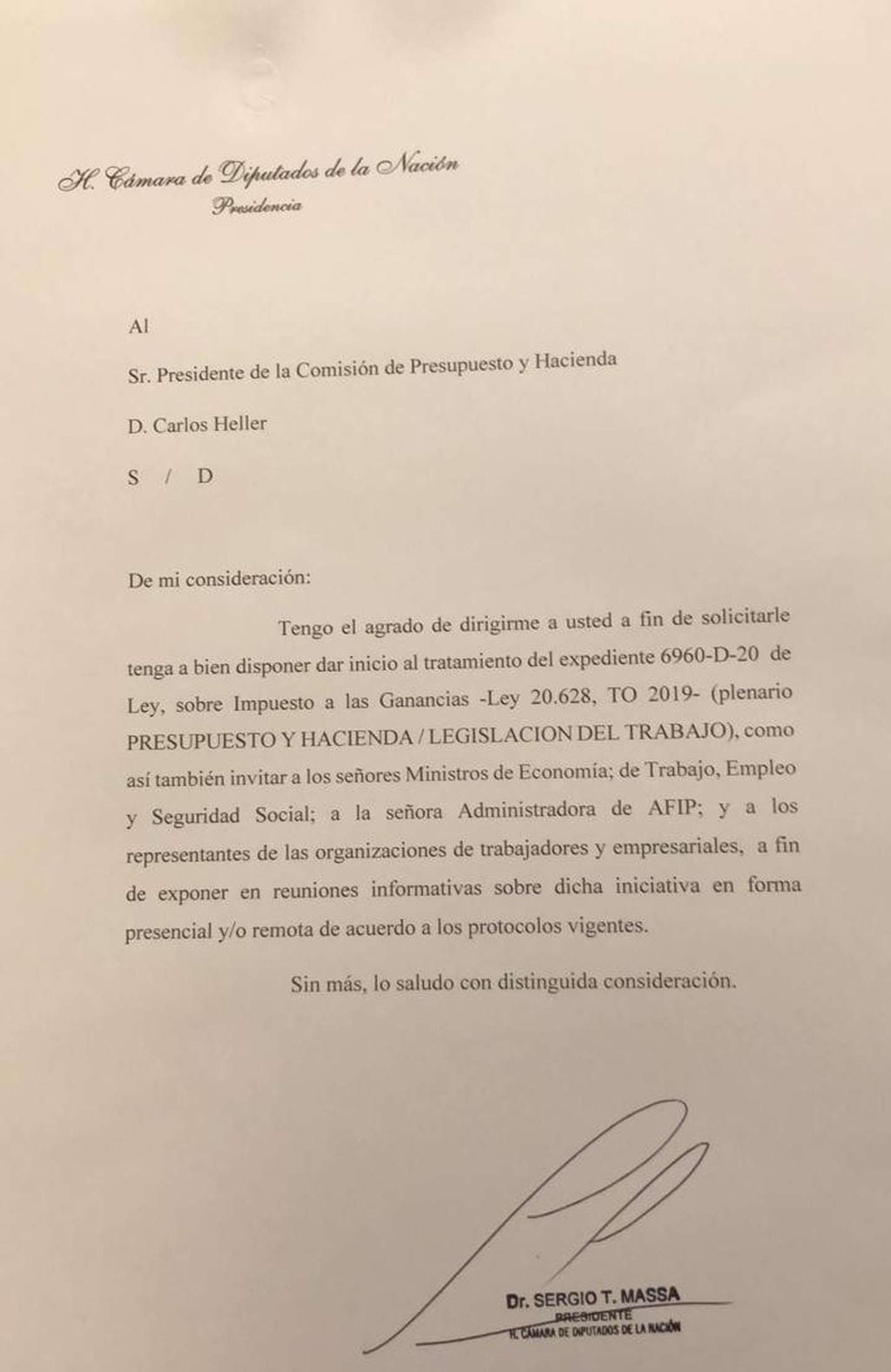 La carta que Sergio Massa le envió a Carlos Heller para convocar a la primera reunión informativa por las modificaciones al impuesto a las ganancias.