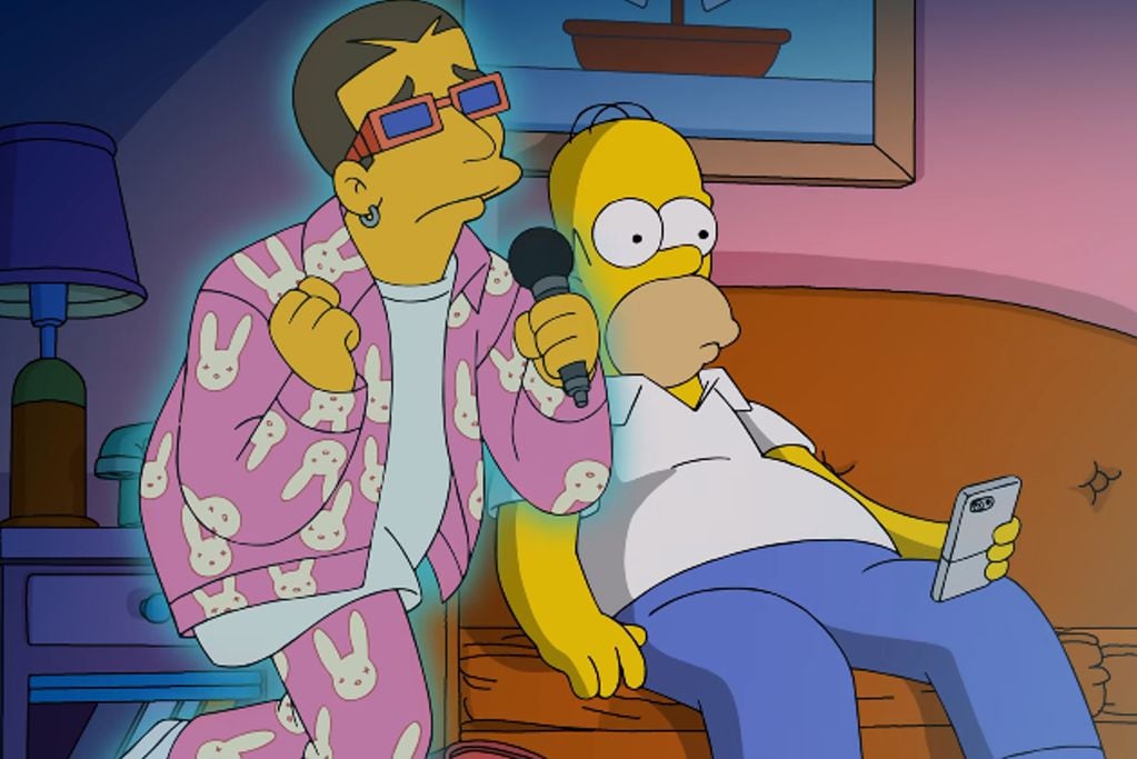 El cantante Bad Bunny aconseja a Homero Simpson no divorciarse de Marge en nuevo video. (Captura Youtube)