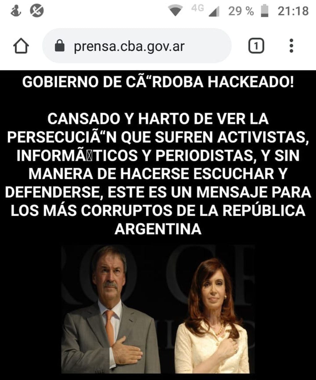 Parte de los mensajes que se podían ver al ingresar a la web del Gobierno de Córdoba.