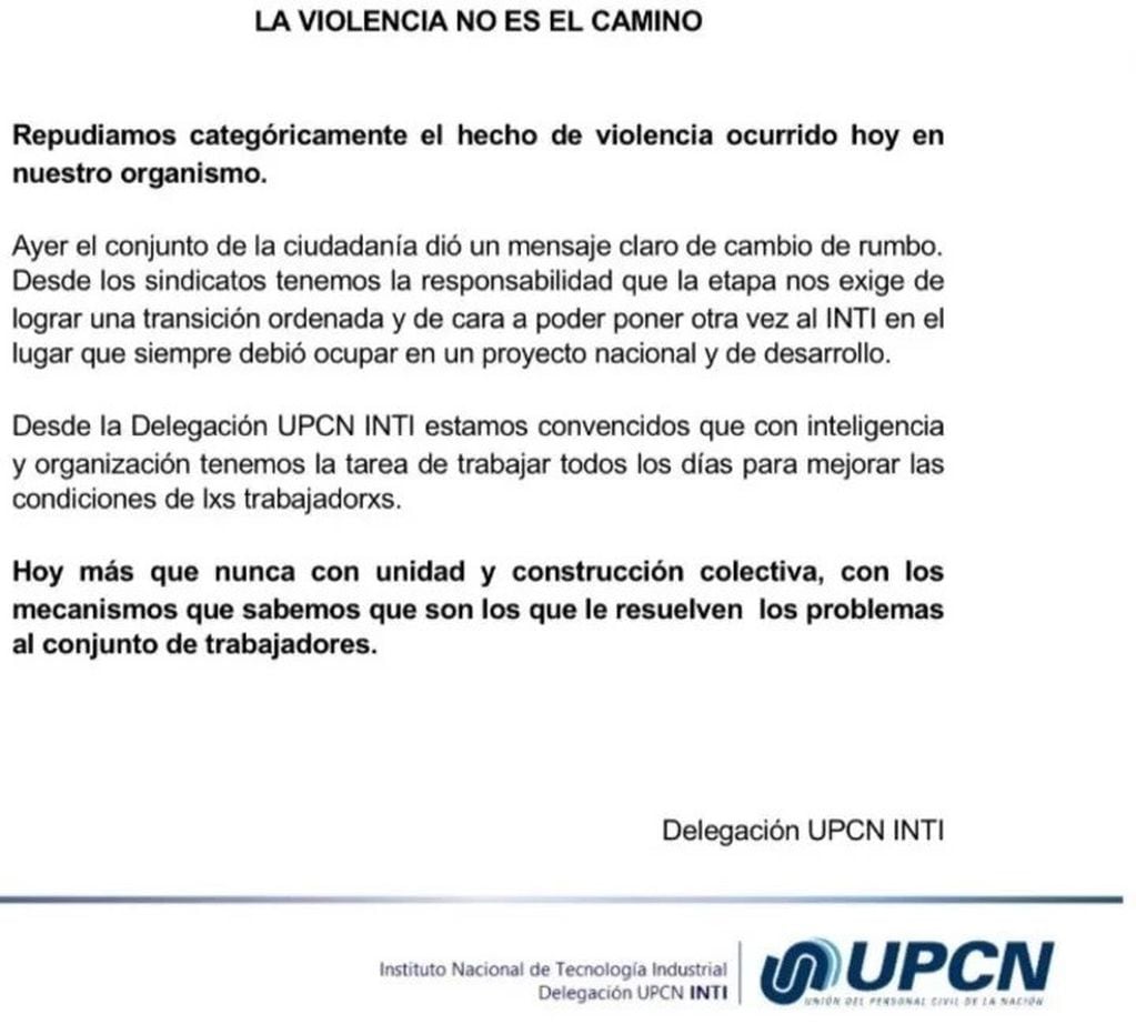 El comunicado que publicó la Unión del Personal Civil de la Nación (UPCN).