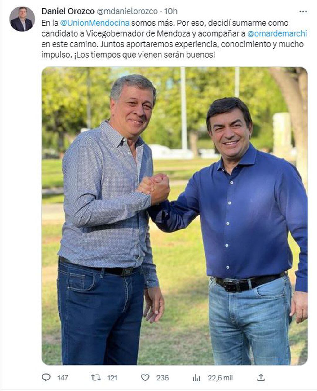 Posteo en redes de Orozco, confirmando ser candidato a Vice de Daniel De Marchi.