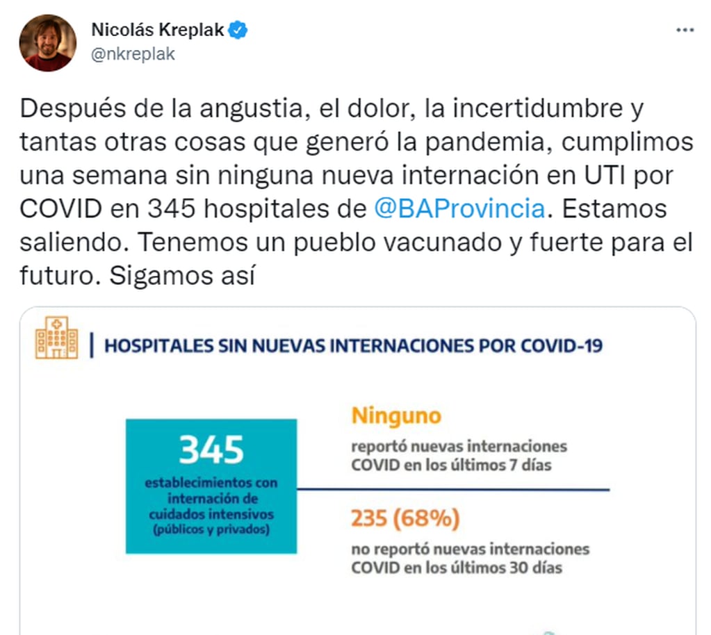 El tuit del ministro de Salud bonaerense, Nicolás Kreplak.