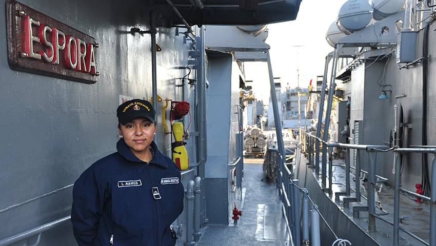 Orgullosa de pertenecer a la Armada Argentina, la jujeña Leticia Paola Ramos tiene destino actualmente en la corbeta ARA “Espora”.