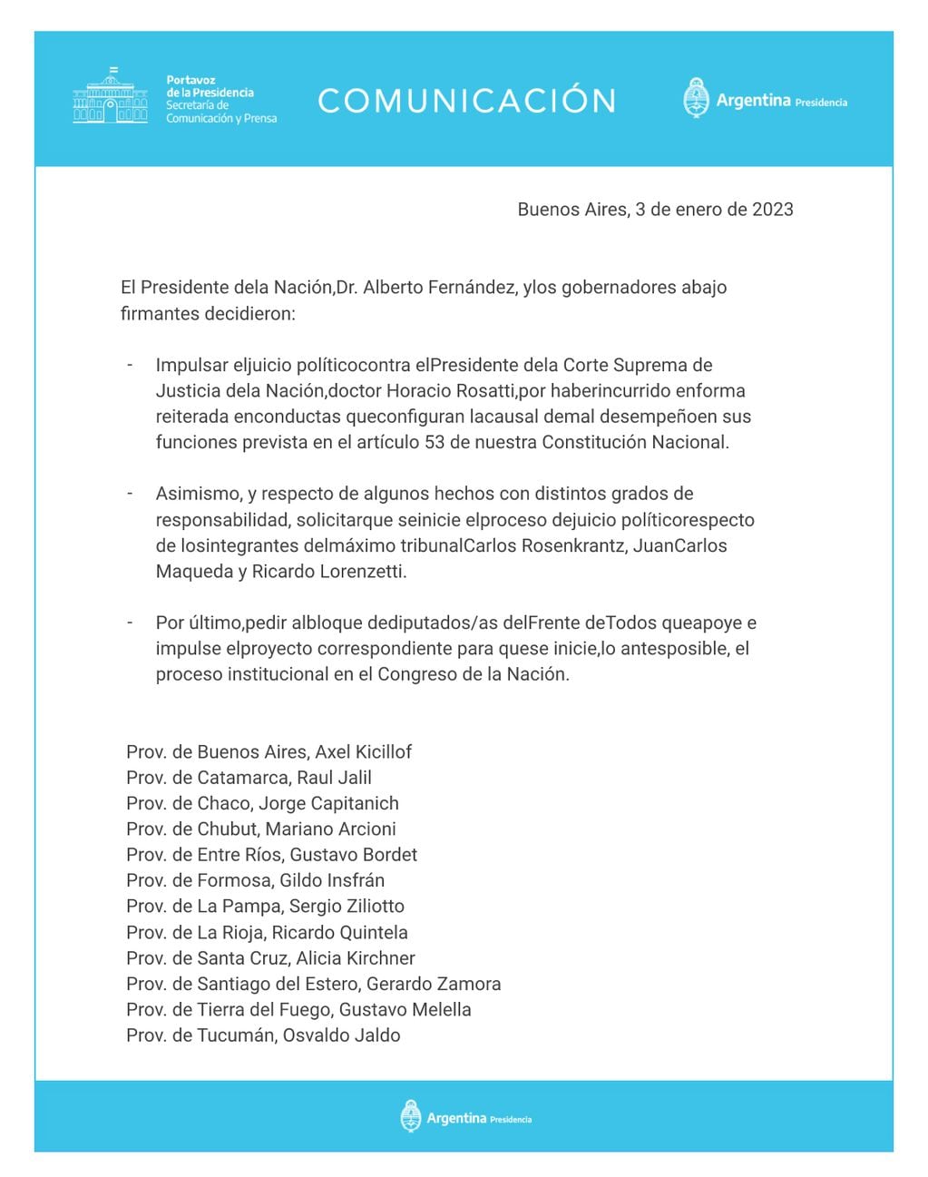 El comunicado de Presidencia sobre el pedido de juicio político al presidente de la Corte Suprema, Horacio Rosatti.