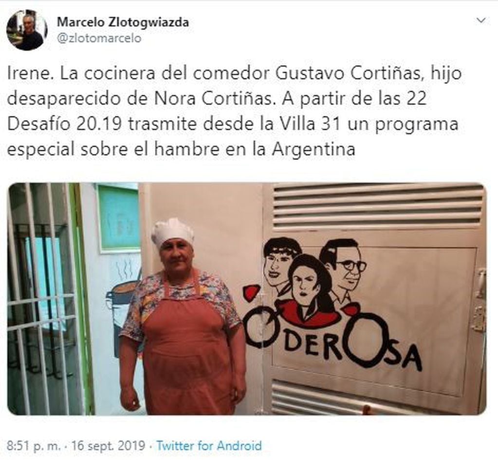 Un tuit de Marcelo Zlotogwiazda con la foto de una de las cocineras de los comedores de La Poderosa (Foto: Twitter/ @zlotomarcelo)