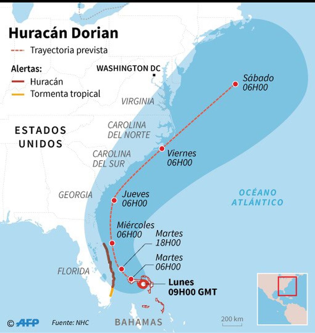 Mapa con la trayectoria probable del huracán Dorian. (AFP).