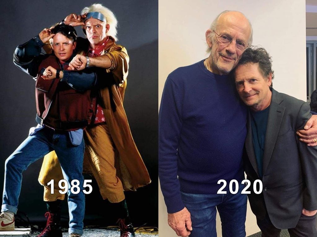 Una comparativa que le hicieron a Christopher Lloyd (Doctor Emmett Brown) y Michael Fox (Marty McFly) cuando la primera película cumplió 33 años.