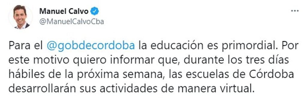El vicegobernador a cargo del Ejecutivo aseguró que habrá clases virtuales en Córdoba del 26 al 28 de mayo.
