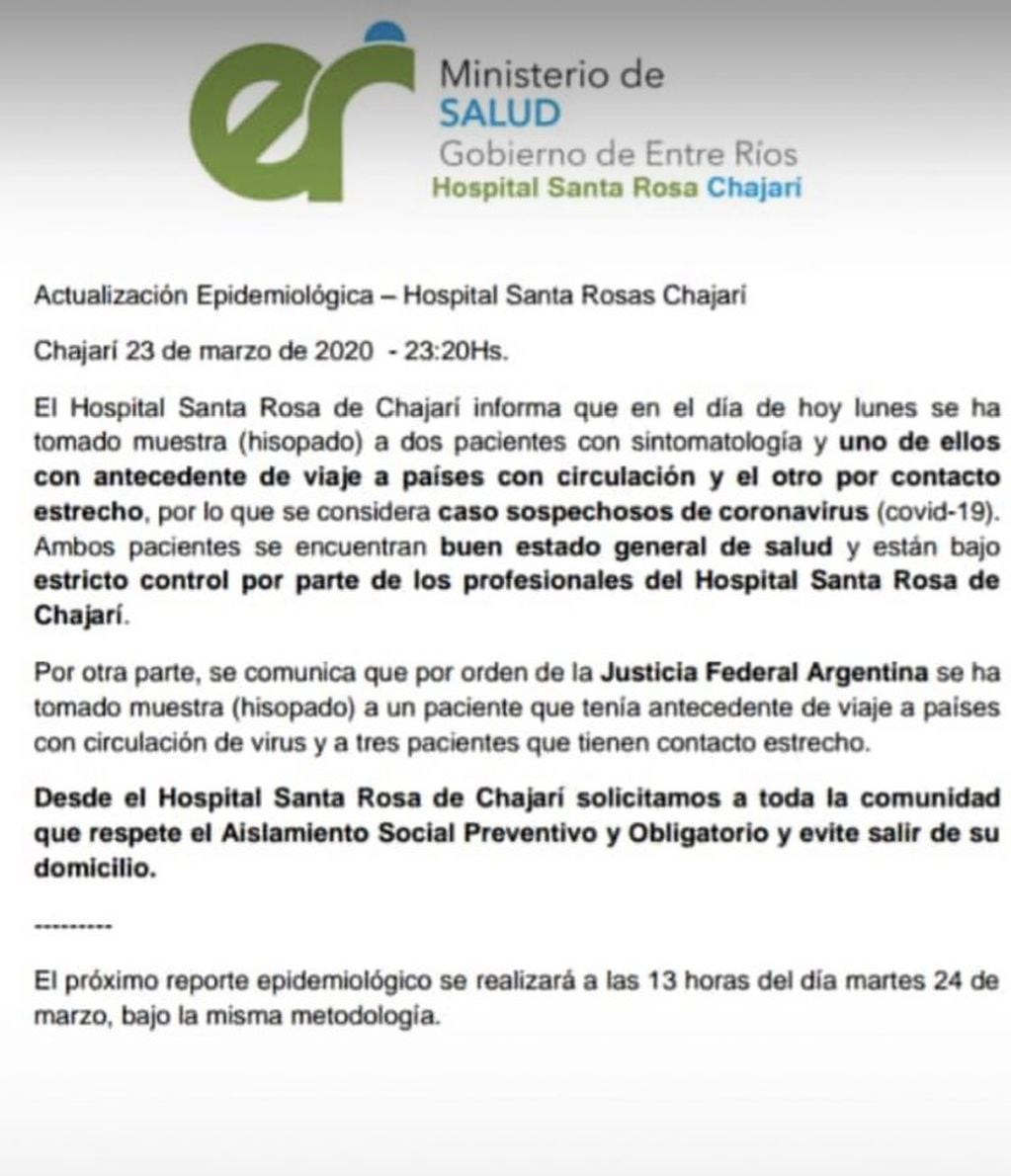 Parte informado por Hospital Santa Rosa de Chajarí