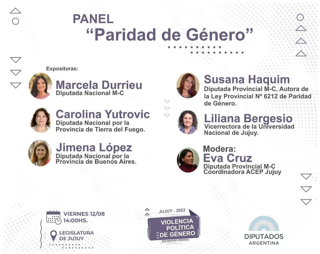 El primer panel de la jornada, programado para las 15:00, abordará el tema "Paridad de género", con voces jujeñas.