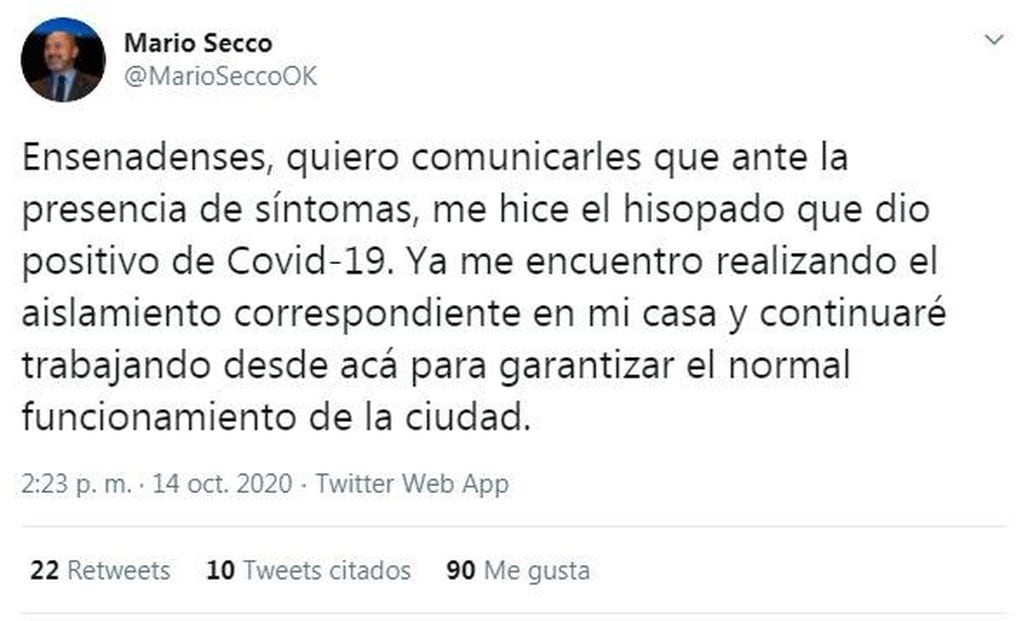 Mario Secco tiene coronavirus. (Twitter/@MarioSeccoOK)