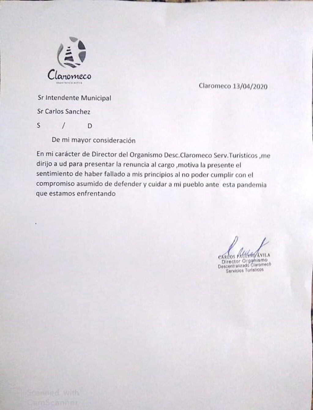 Carta de renuncia de Carlos Avila