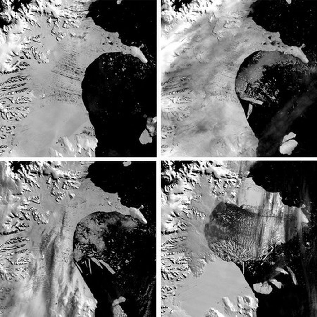 Se muestra una foto de la NASA de 2005, en la que se muestra como el hielo está cediendo en distintos lugares de la Antártida.