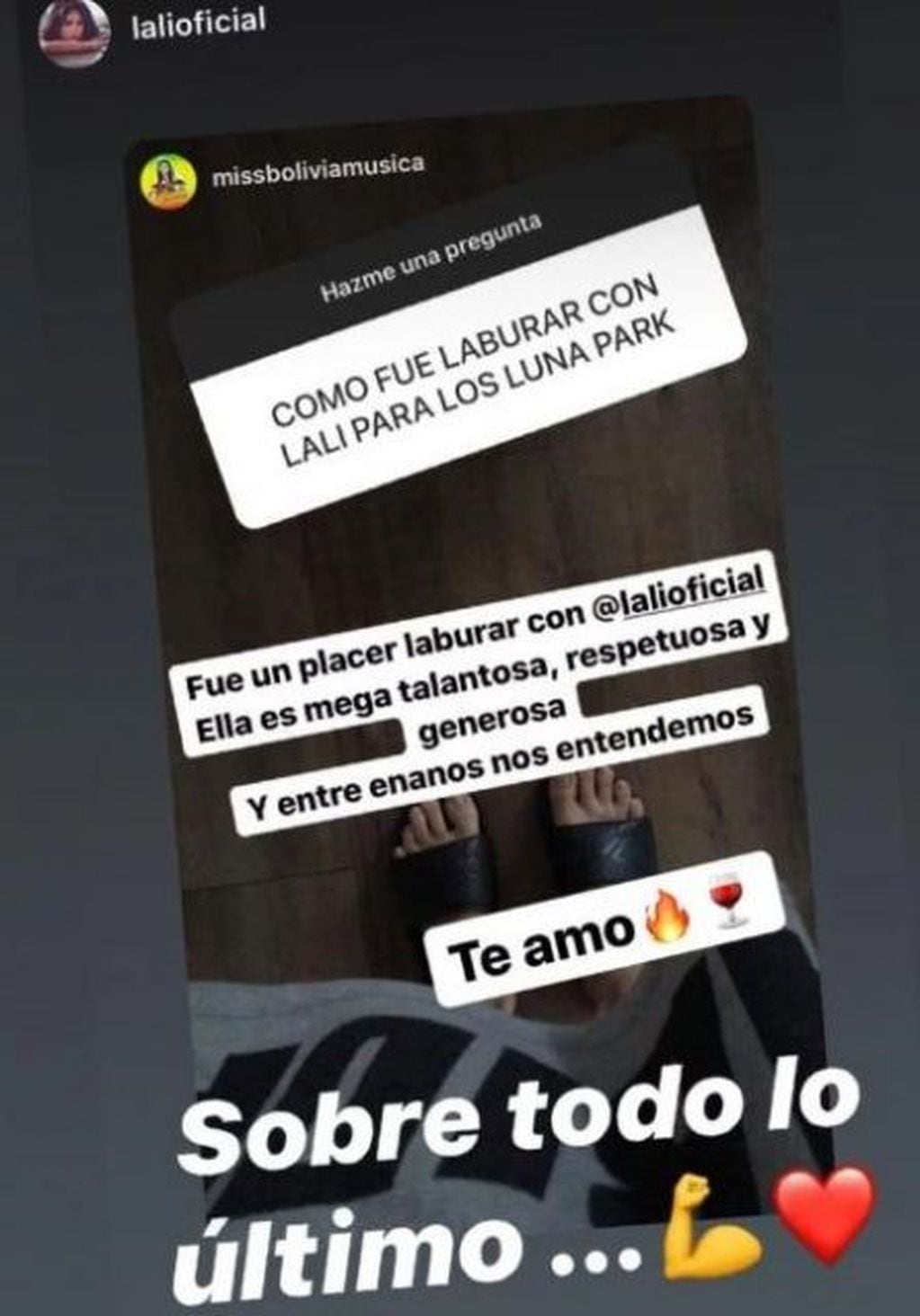 El piropo de Miss Bolivia a Lali Espósito y la respuesta de la cantante pop (Fuente: Captura Instagram Stories)