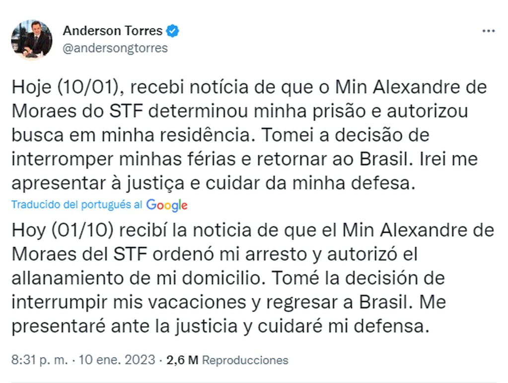El exministro de Bolsonaro, Anderson Torres, se había expresado sobre su posible detención.