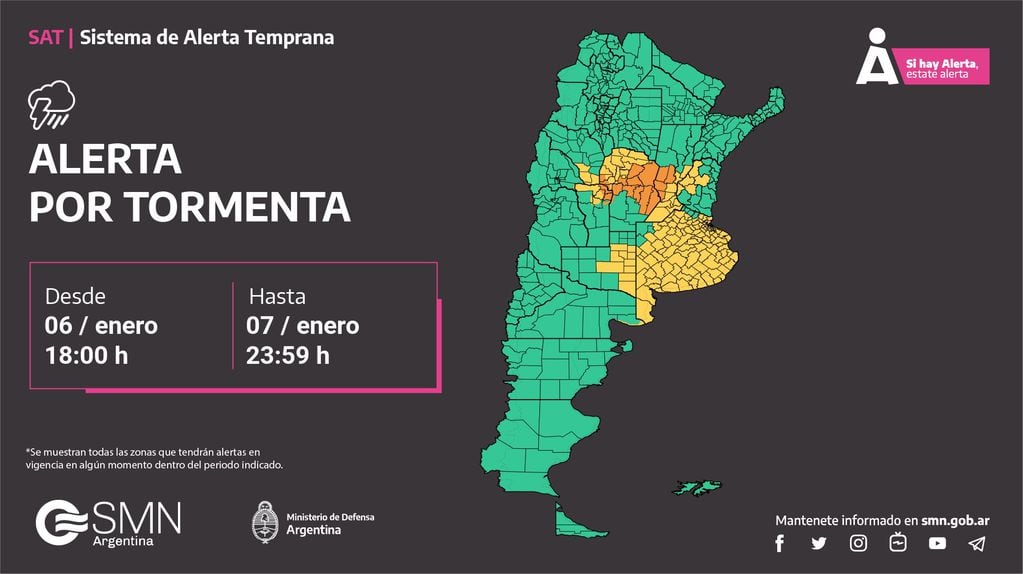 Alerta amarilla y naranja por tormentas en la provincia de Córdoba.