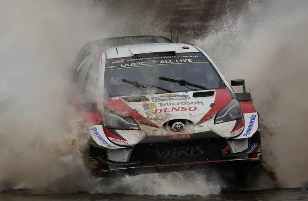 Driver Jari-Matti Latvala and his co driver Miikka Anttila, both from Finland, race their Toyota Yaris WRC on the first day of the fifth round of the FIA World Rally Championship in Santa Rosa, Cordoba, Argentina, Friday, April 26, 2019. (AP Photo/Nicolas Aguilera)