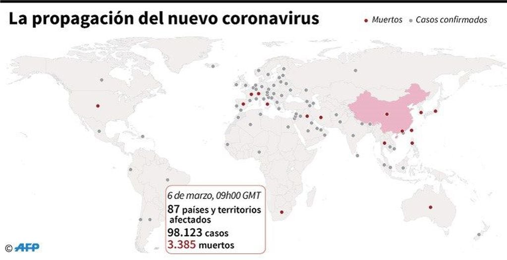 Países y territorios con casos confirmados del nuevo coronavirus, al 6 de marzo a las 09H00 GMT - AFP / AFP