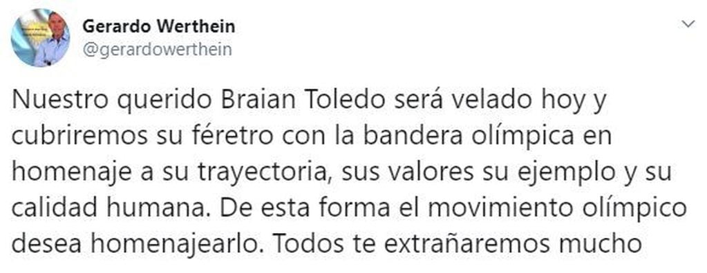 Braian Toledo será velado en su casa de Marcos Paz y su féretro será cubierto con la bandera olímpica. (Twitter/@gerardowerthein)