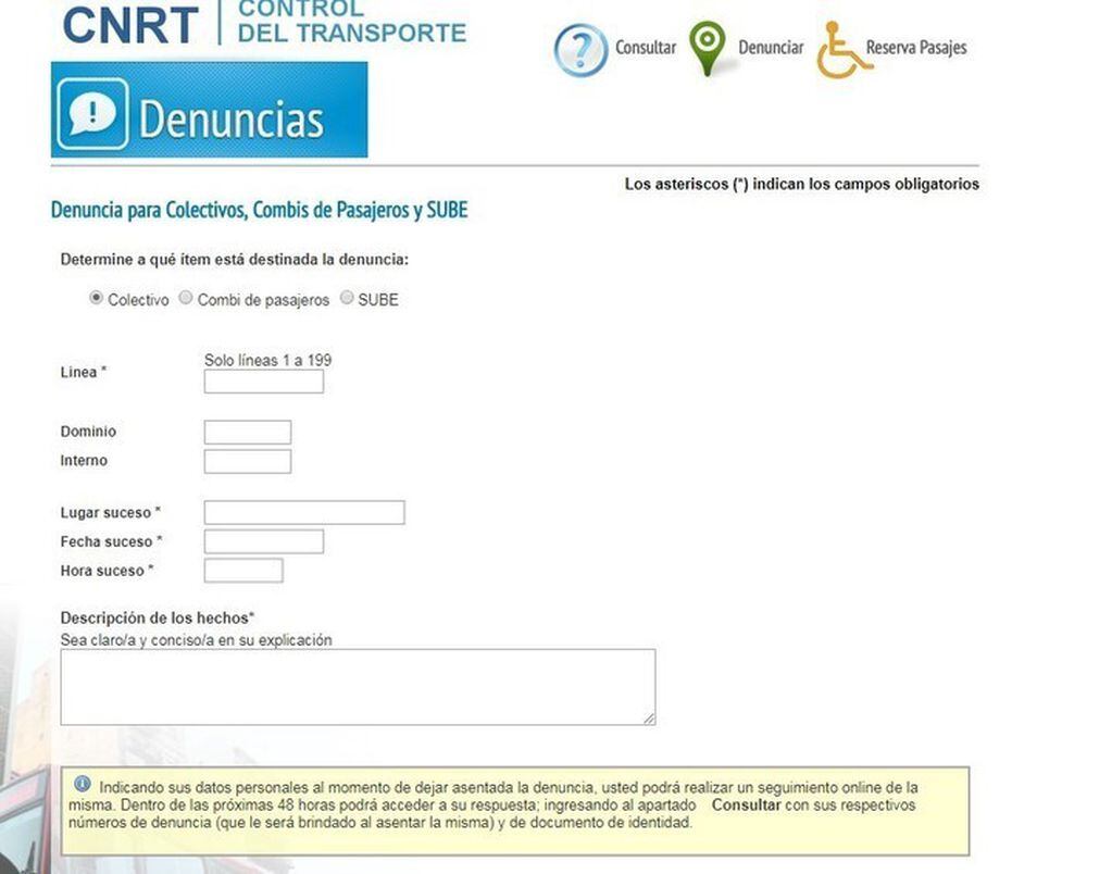 Formulario de denuncias de la CNRT