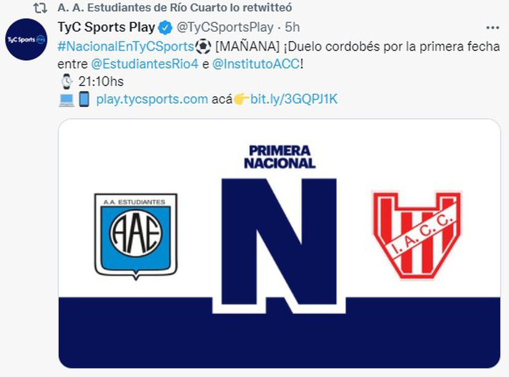 El Estudiantes-Instituto en Río Cuarto se verá por streaming de TyC Sports Play.