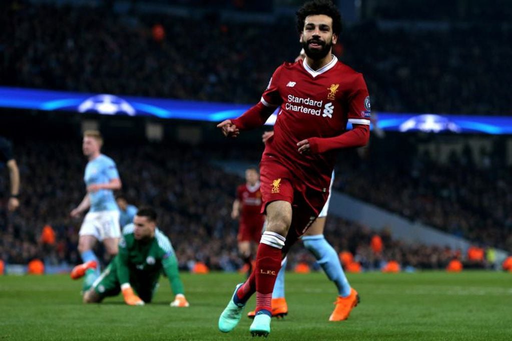 Mohamed Salah festeja su gol ante Manchester City por los cuartos de final de la Champions League. Foto: EFE.