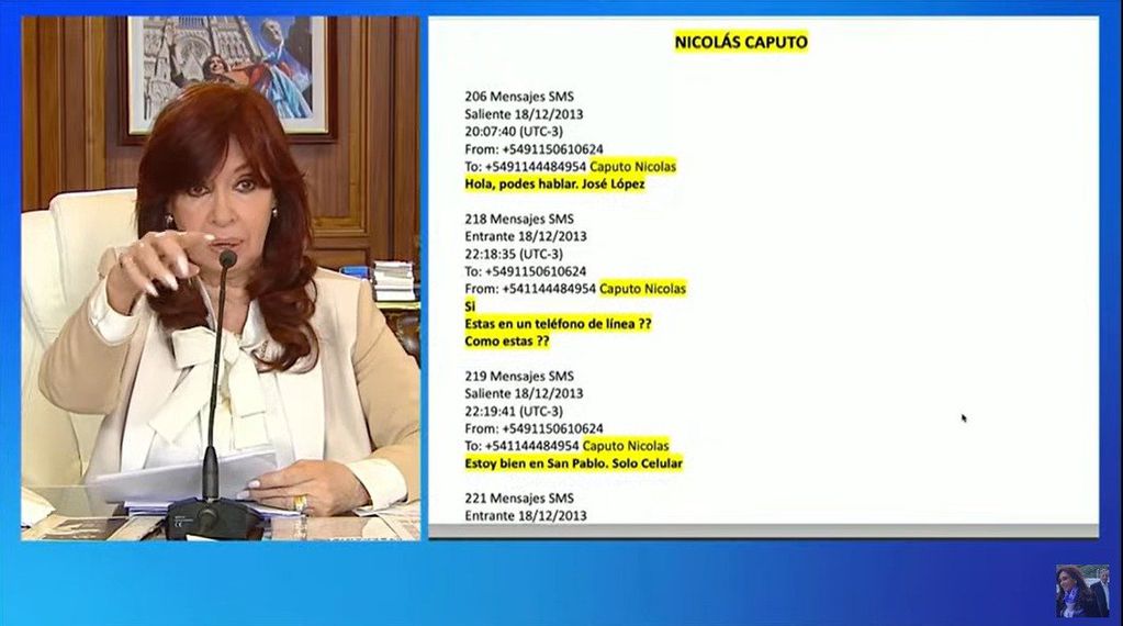 Cristina Kirchner mostró chats entre José López y Nicolás Caputo, amigo íntimo de Mauricio Macri.